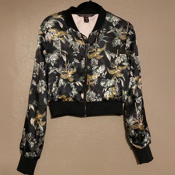 Victoria's Secret Black Luxe Palm Satin Feel Bomber Cropped Jacket Size S - Picture 1 of 7